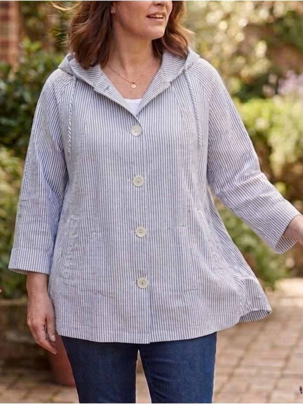 Striped Linen-Cotton Blend Hooded Jacket Jones & New York Coastal Lagenlook
